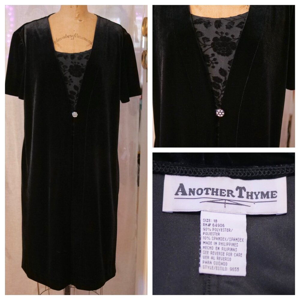 vtg 90s ANOTHER THYME Black Velvet Floral Dress Rhinestone Y2K Whimsigoth 18 EUC